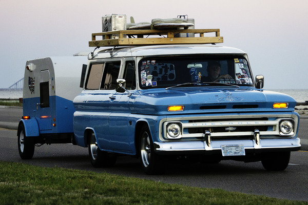 Blue Chevy Wagon with Trailer Print