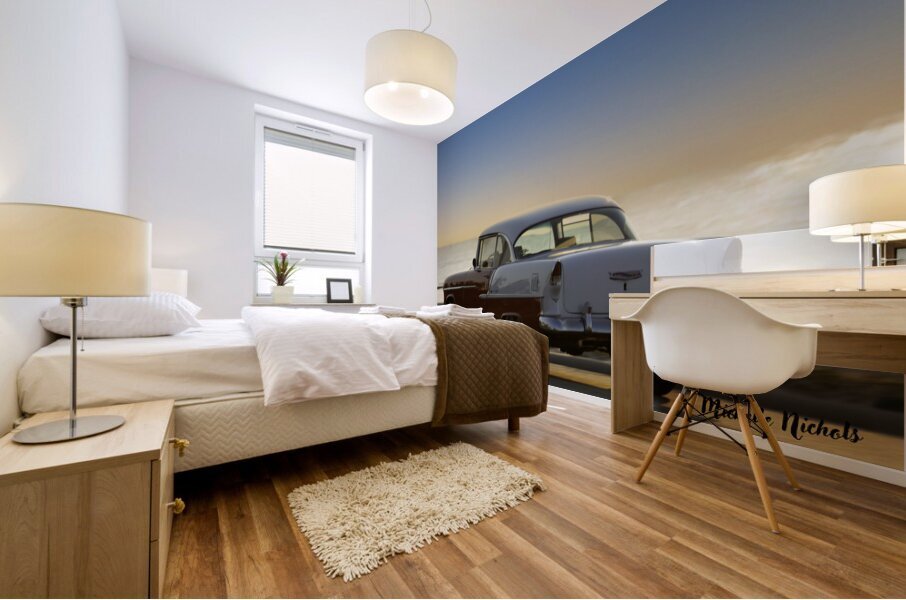 Red and White Classic Car on the Beach Mural print