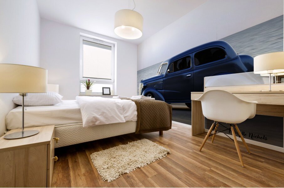 Royal Blue Classic Car on the Beach Mural print