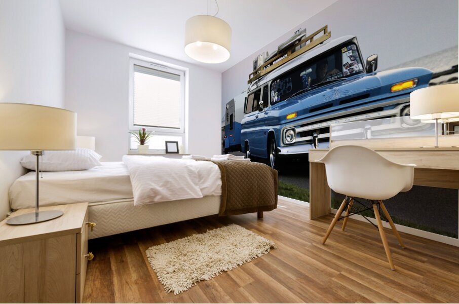 Blue Chevy Wagon with Trailer Mural print