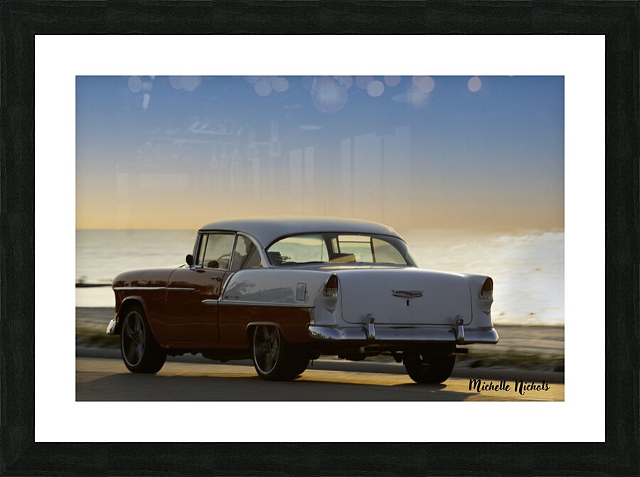 Red and White Classic Car on the Beach Picture Frame print