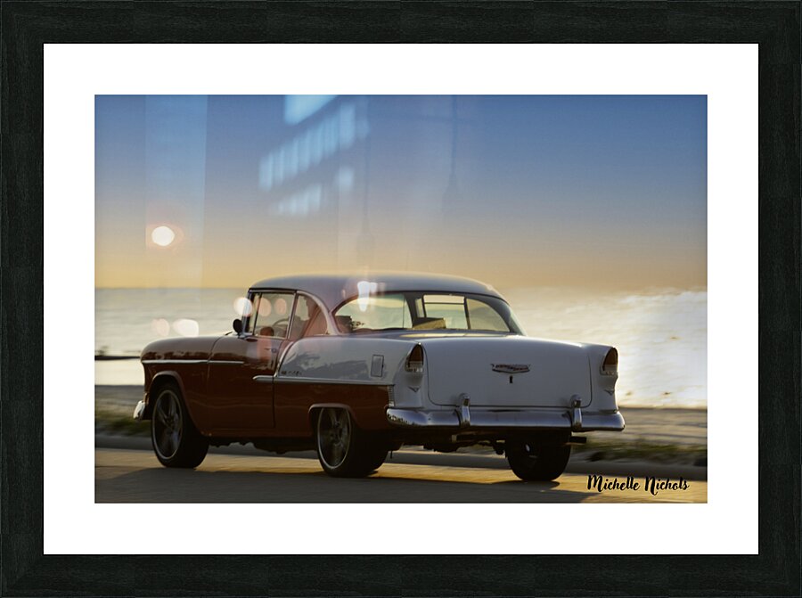 Red and White Classic Car on the Beach Picture Frame print
