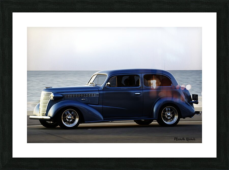Royal Blue Classic Car on the Beach Picture Frame print