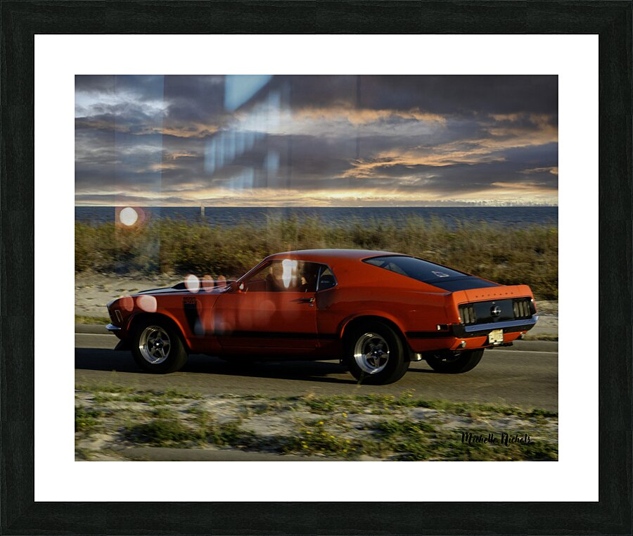 Red Mustang w Black Stripe Rear View Picture Frame print