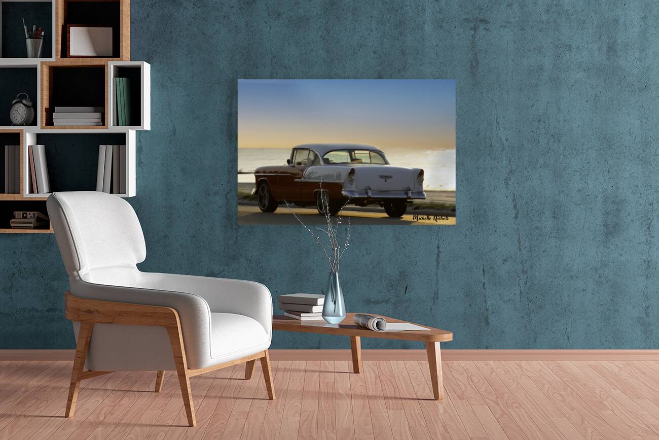 Red and White Classic Car on the Beach Reproduction