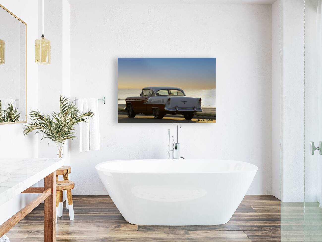 Red and White Classic Car on the Beach Reproduction