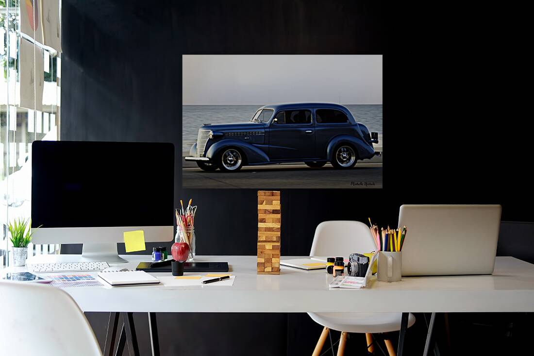 Royal Blue Classic Car on the Beach Reproduction
