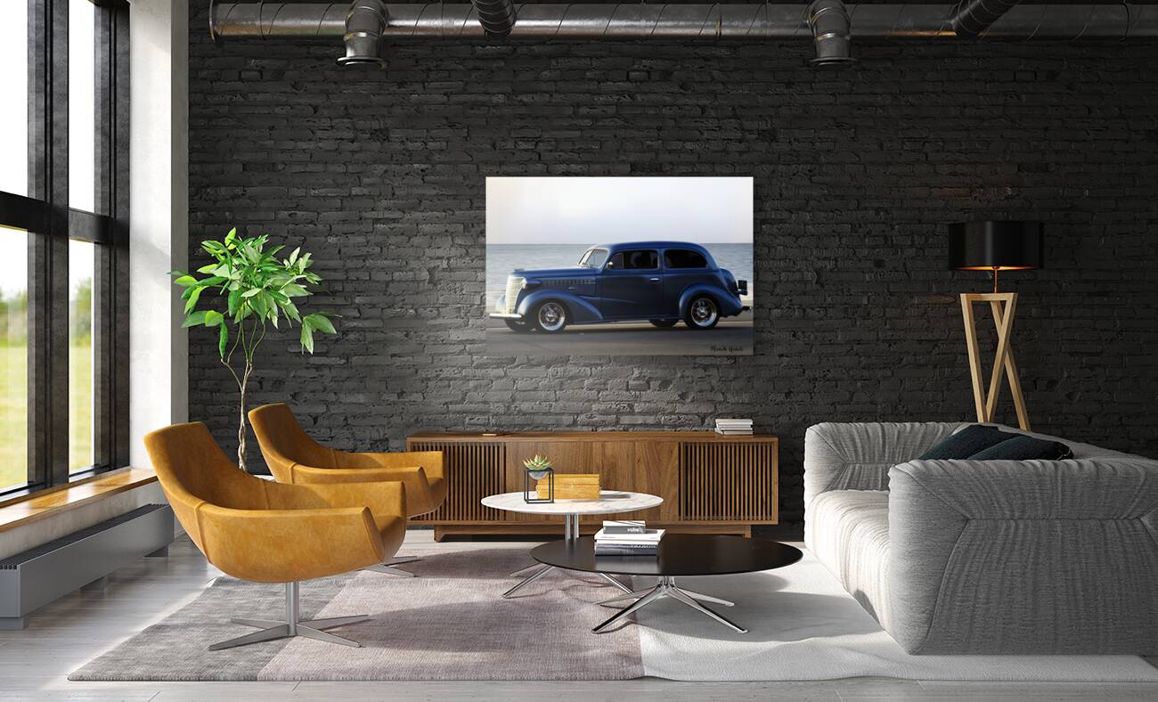 Royal Blue Classic Car on the Beach Reproduction