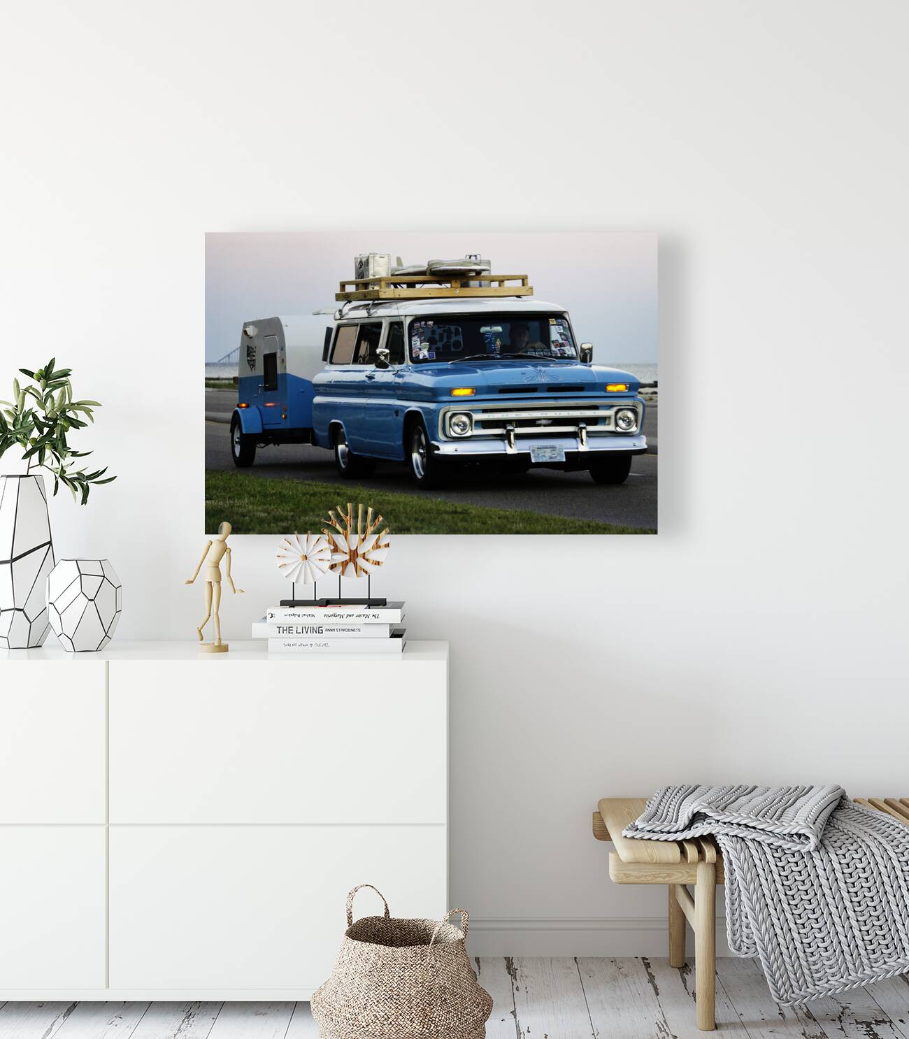 Blue Chevy Wagon with Trailer Reproduction