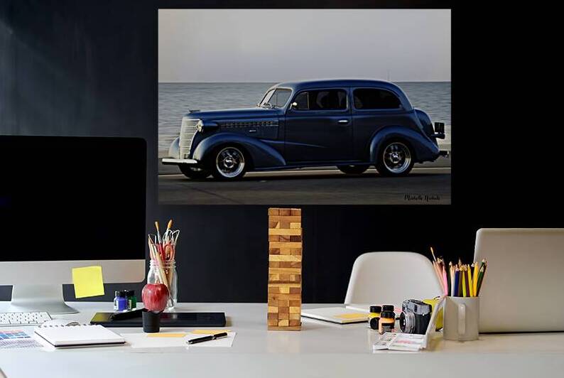 Royal Blue Classic Car on the Beach by Michelle Nichols