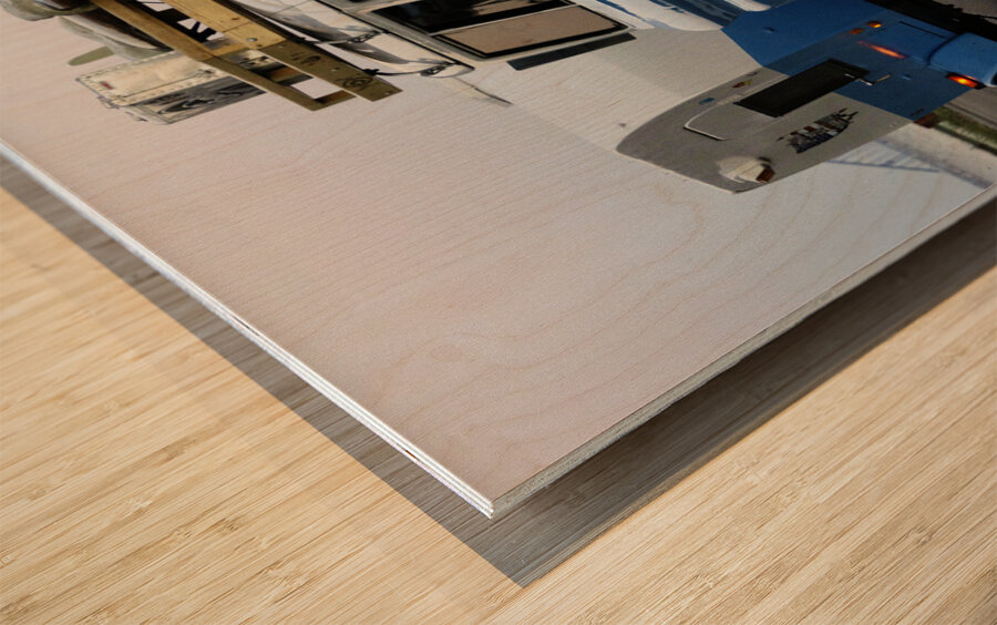 Blue Chevy Wagon with Trailer Wood print